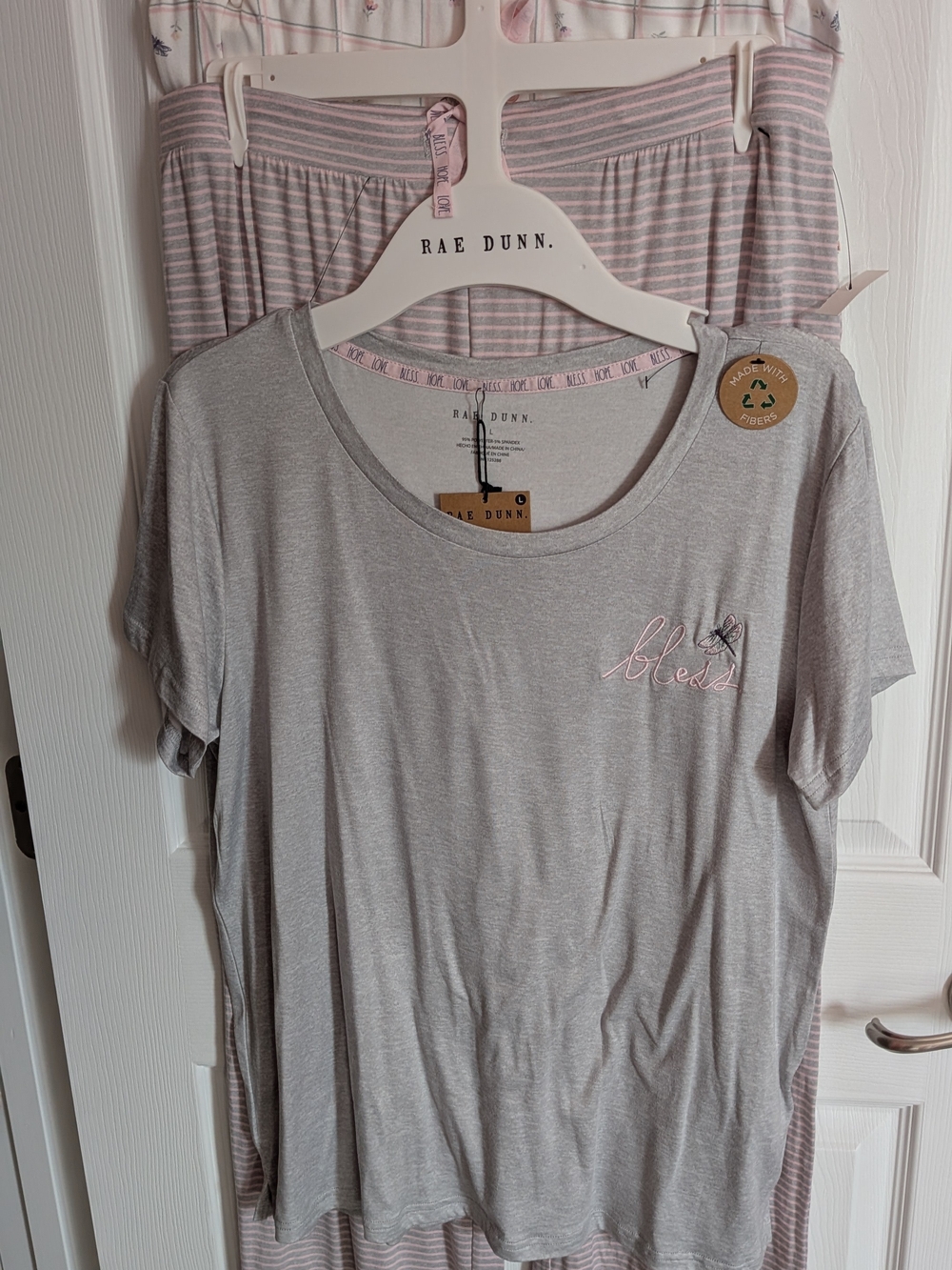 Rae Dunn Gray Short Sleeve Pajama Top And Bottoms Pink Embroidered 'blessed'